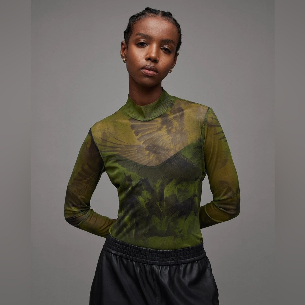 All Saints Elia Funnel Neck Colca Mesh Bodysuit